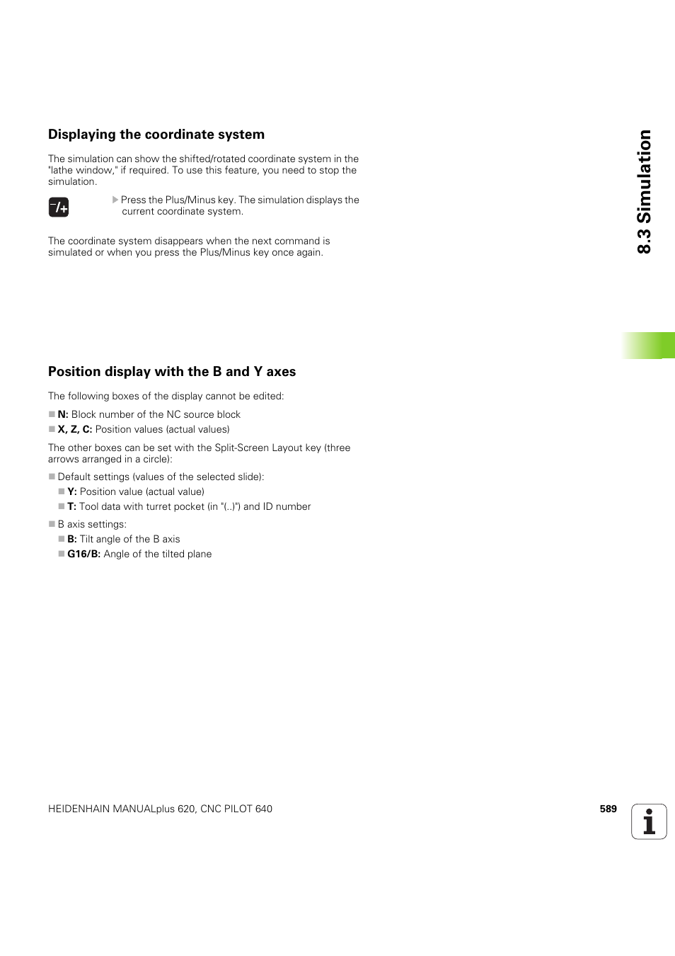 Displaying the coordinate system, Position display with the b and y axes, 3 simulation | HEIDENHAIN SW 54843x-03 DIN Programming User Manual | Page 589 / 622