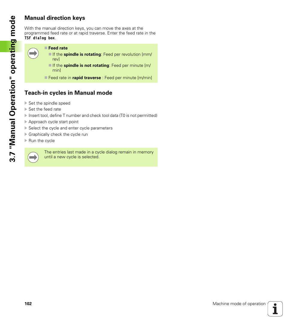 Manual direction keys, Teach-in cycles in manual mode, 7 "manual oper ation" oper a ting mode | HEIDENHAIN SW 688945-03 User Manual | Page 102 / 599