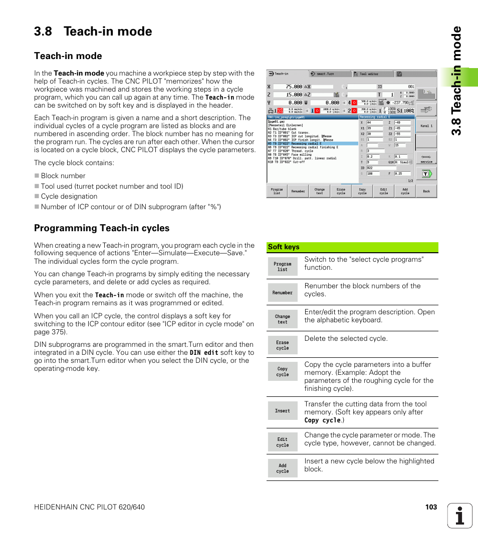 8 teach-in mode, Teach-in mode, Programming teach-in cycles | 8 t e ac h-in mode 3.8 teach-in mode | HEIDENHAIN SW 688945-03 User Manual | Page 103 / 599