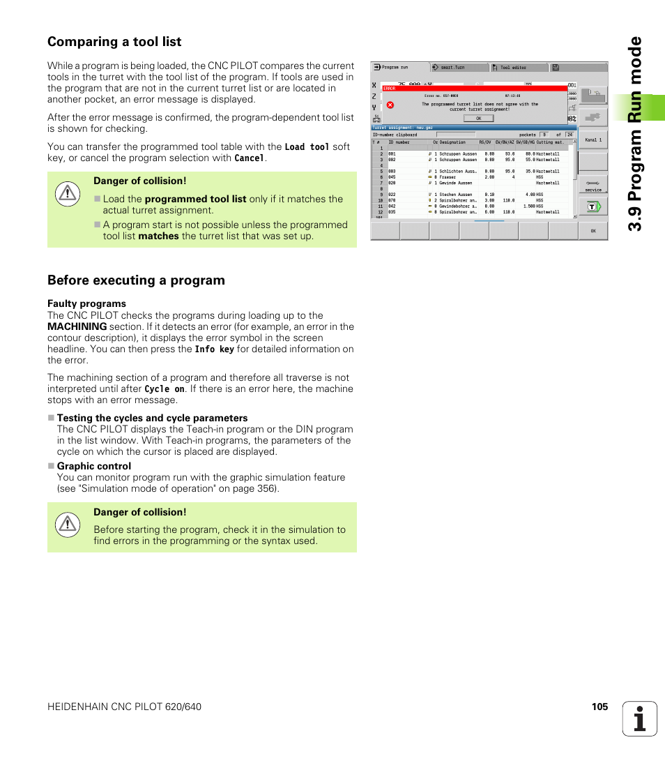 Comparing a tool list, Before executing a program, 9 pr ogr am run mode | HEIDENHAIN SW 688945-03 User Manual | Page 105 / 599