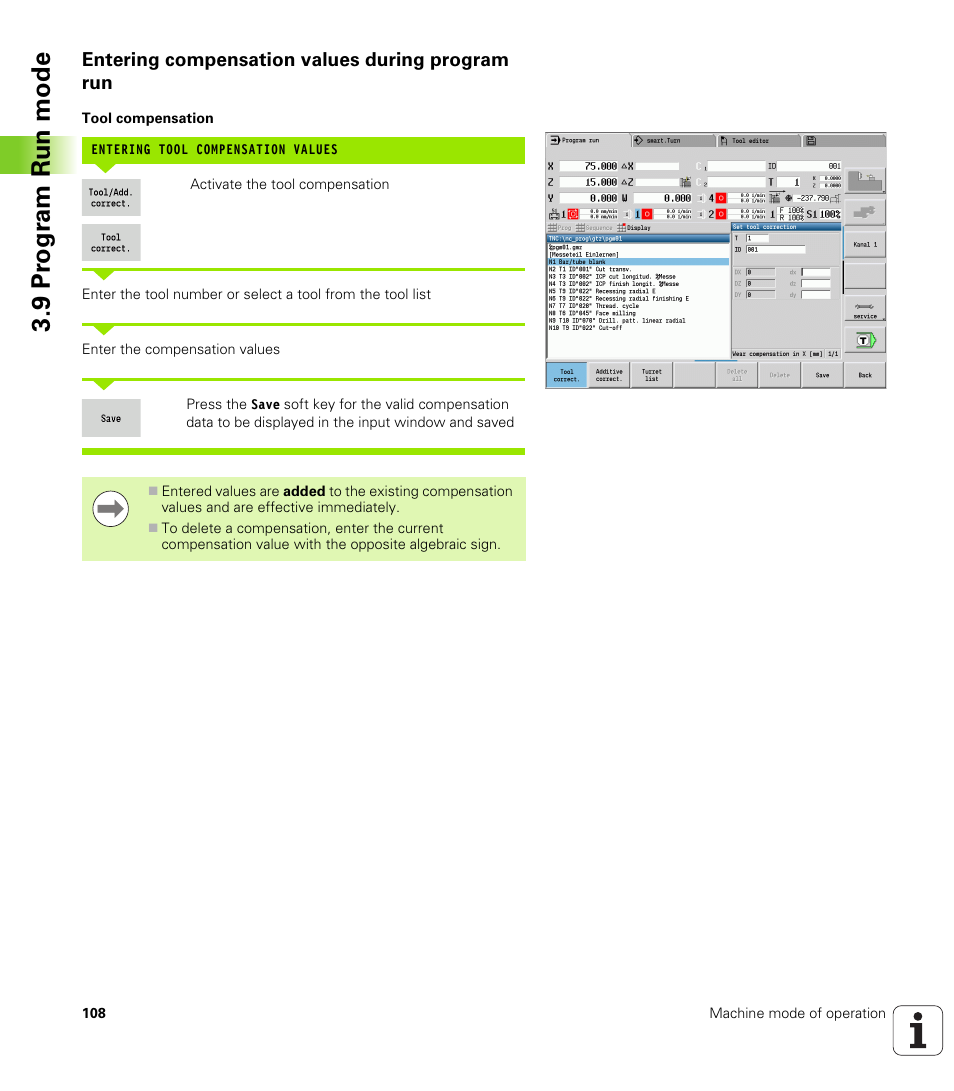 Entering compensation values during program run, 9 pr ogr am run mode | HEIDENHAIN SW 688945-03 User Manual | Page 108 / 599