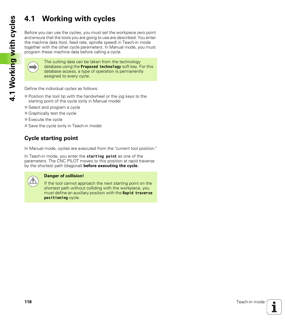 1 working with cycles, Cycle starting point, 1 w o rk ing with cy cles 4.1 working with cycles | HEIDENHAIN SW 688945-03 User Manual | Page 118 / 599