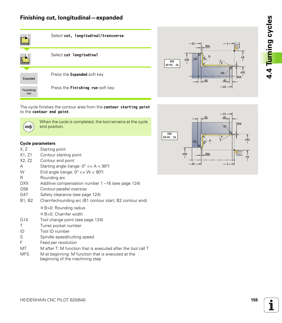 Finishing cut, longitudinal—expanded, 4 t u rn ing cy cles | HEIDENHAIN SW 688945-03 User Manual | Page 155 / 599