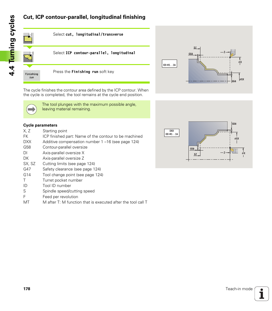 Cut, icp contour-parallel, longitudinal finishing, 4 t u rn ing cy cles | HEIDENHAIN SW 688945-03 User Manual | Page 178 / 599