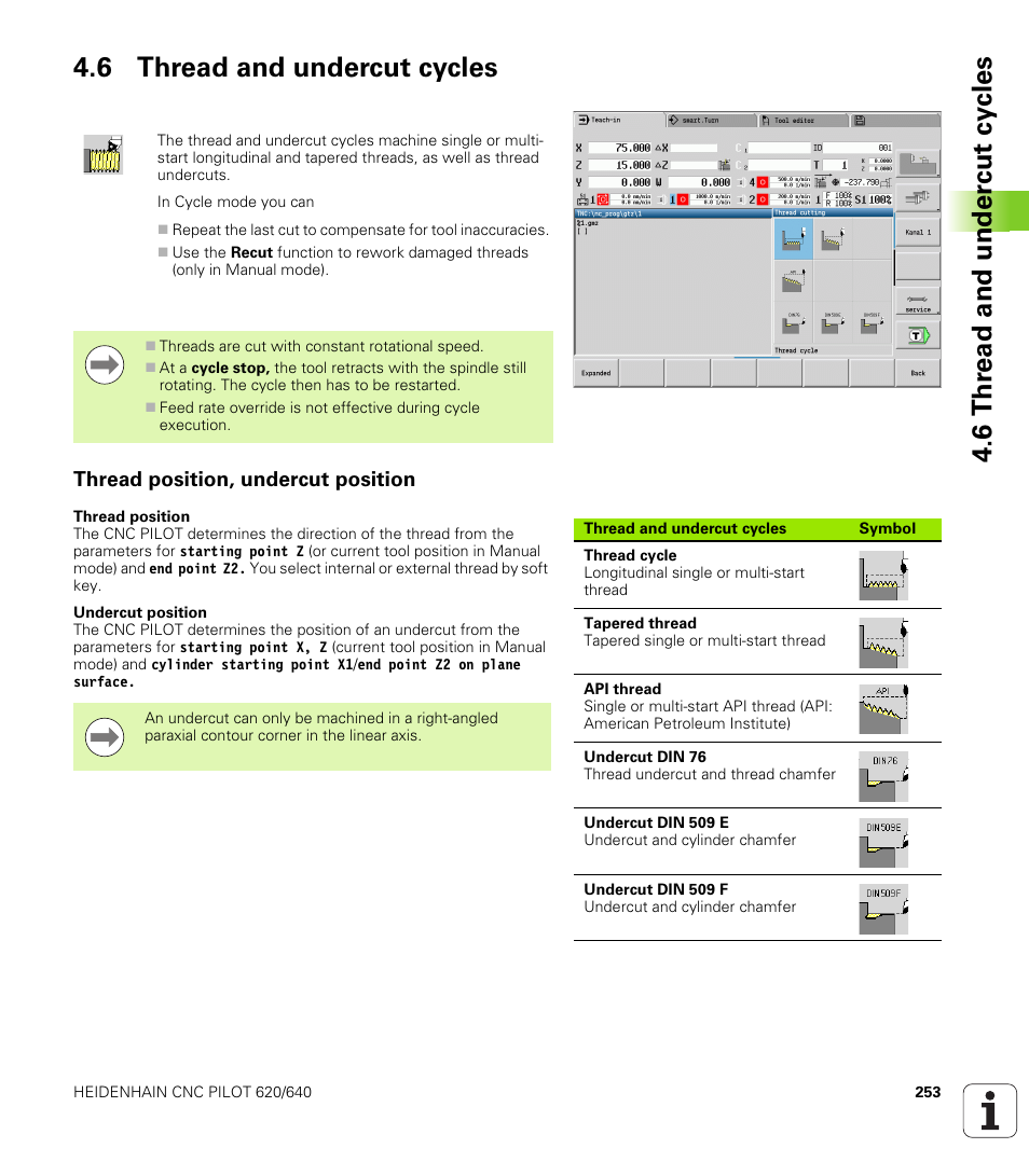 6 thread and undercut cycles, Thread position, undercut position | HEIDENHAIN SW 688945-03 User Manual | Page 253 / 599