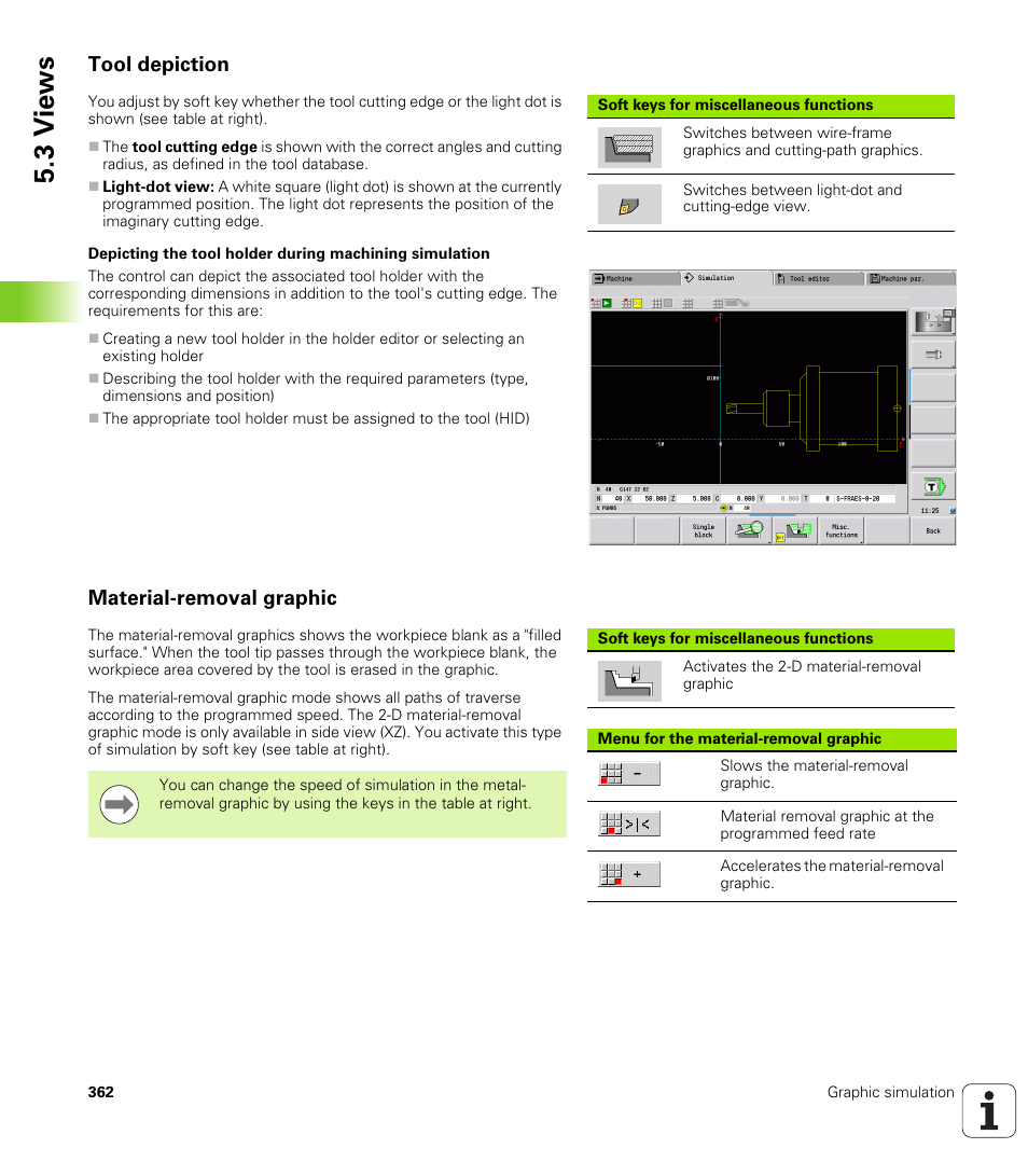 Tool depiction, Material-removal graphic, 3 v iews | HEIDENHAIN SW 688945-03 User Manual | Page 362 / 599