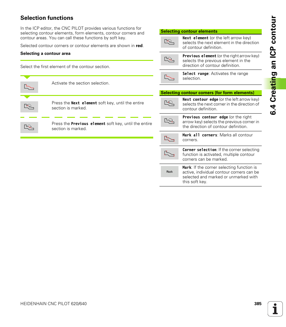 Selection functions, 4 cr eating an icp cont our | HEIDENHAIN SW 688945-03 User Manual | Page 385 / 599