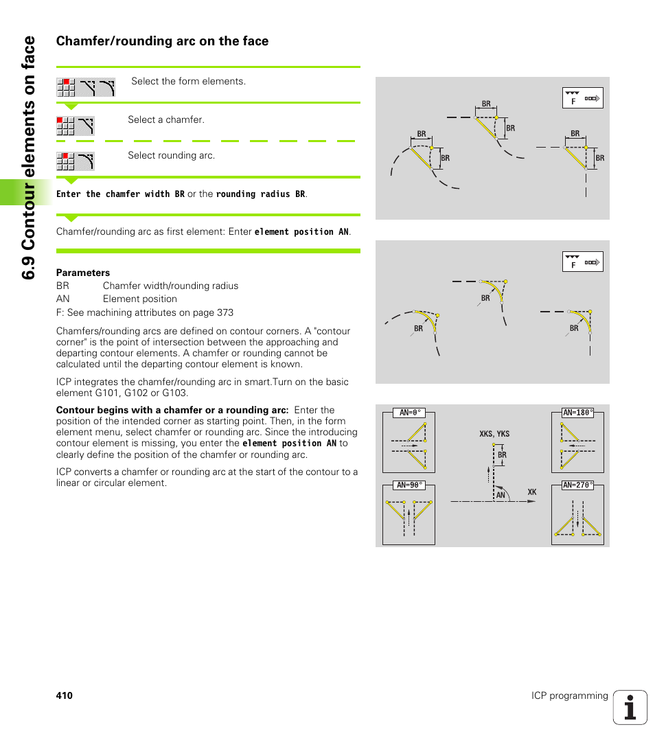 Chamfer/rounding arc on the face, 9 cont our elements on f a ce | HEIDENHAIN SW 688945-03 User Manual | Page 410 / 599