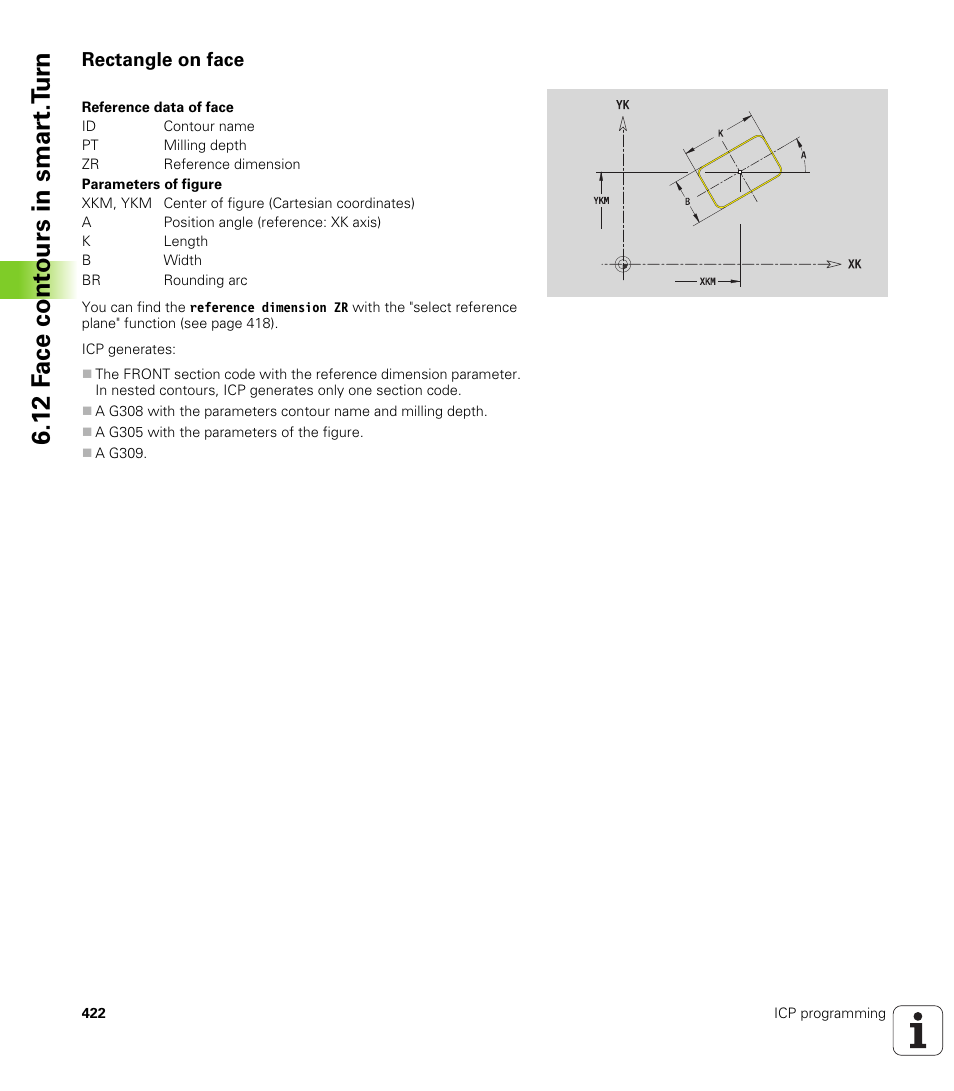 Rectangle on face, 12 f a ce cont ours in smar t.t u rn | HEIDENHAIN SW 688945-03 User Manual | Page 422 / 599