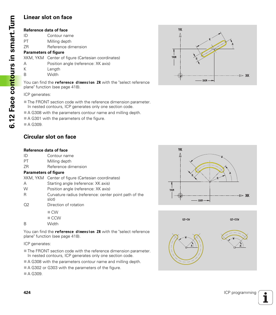 Linear slot on face, Circular slot on face, 12 f a ce cont ours in smar t.t u rn | HEIDENHAIN SW 688945-03 User Manual | Page 424 / 599