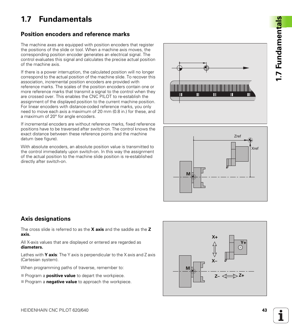 7 fundamentals, Position encoders and reference marks, Axis designations | 7 f undamentals 1.7 fundamentals | HEIDENHAIN SW 688945-03 User Manual | Page 43 / 599
