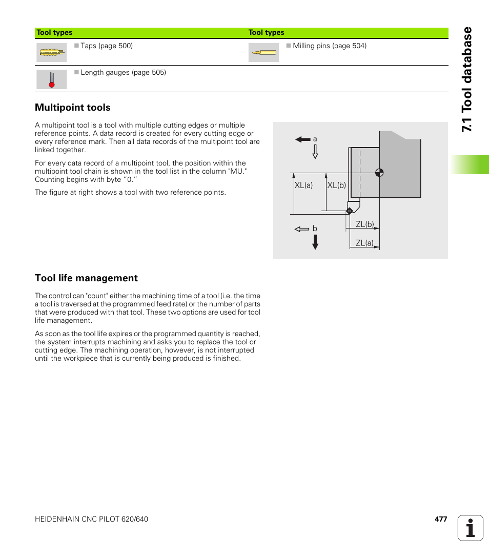 Multipoint tools, Tool life management, 1 t o ol database | HEIDENHAIN SW 688945-03 User Manual | Page 477 / 599