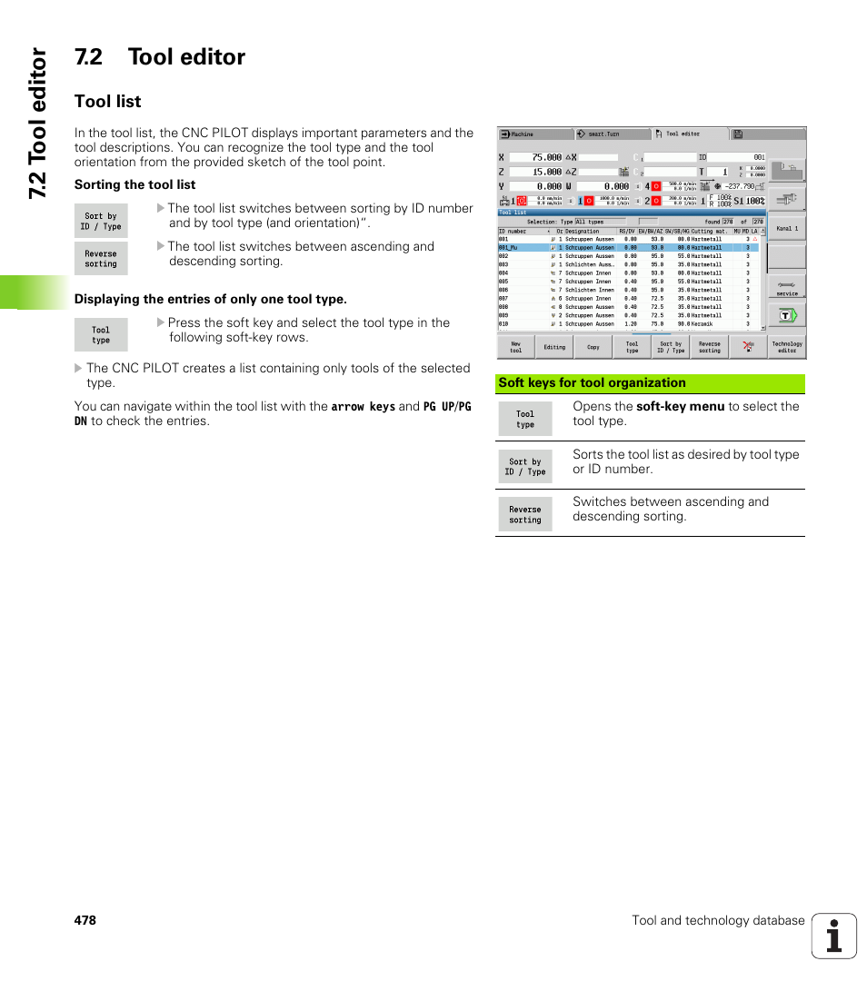 2 tool editor, Tool list, 2 t ool edit or 7.2 tool editor | HEIDENHAIN SW 688945-03 User Manual | Page 478 / 599