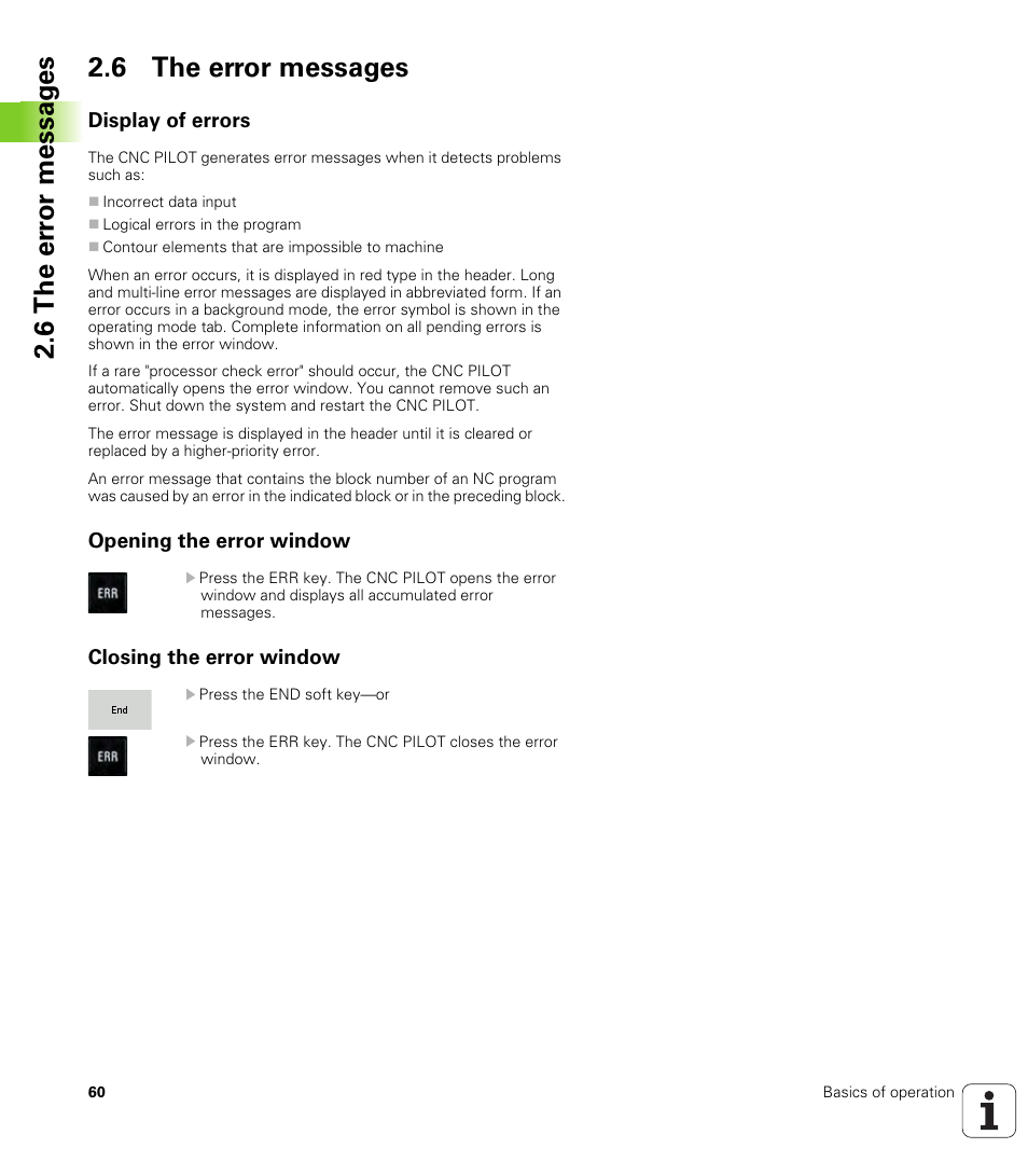 6 the error messages, Display of errors, Opening the error window | Closing the error window, 6 the er ro r messag es 2.6 the error messages | HEIDENHAIN SW 688945-03 User Manual | Page 60 / 599