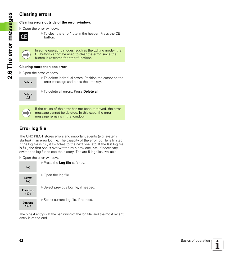 Clearing errors, Error log file, 6 the er ro r messag es | HEIDENHAIN SW 688945-03 User Manual | Page 62 / 599