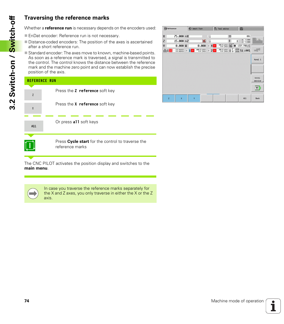 Traversing the reference marks, 2 s w itc h -on / s w itc h -of f | HEIDENHAIN SW 688945-03 User Manual | Page 74 / 599