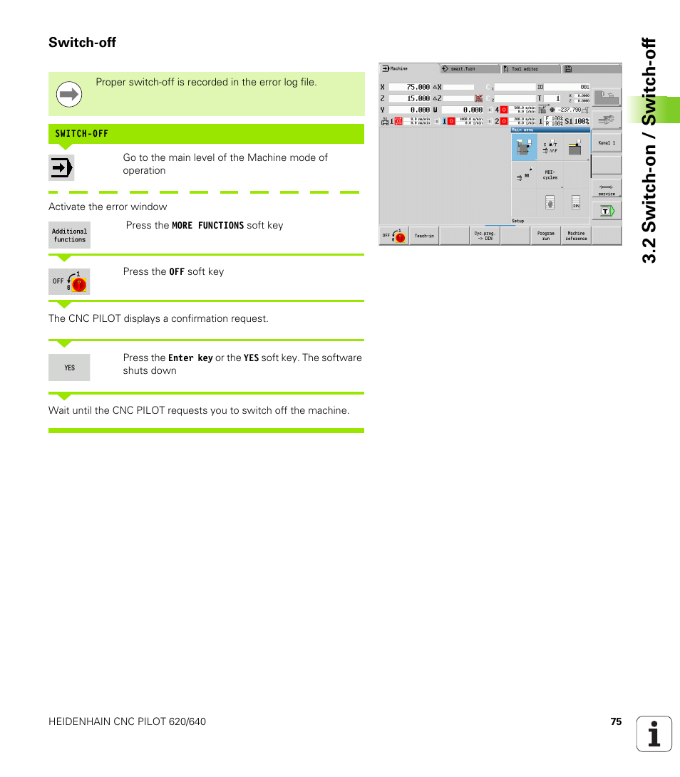 Switch-off, 2 s w itc h -on / s w itc h -of f | HEIDENHAIN SW 688945-03 User Manual | Page 75 / 599