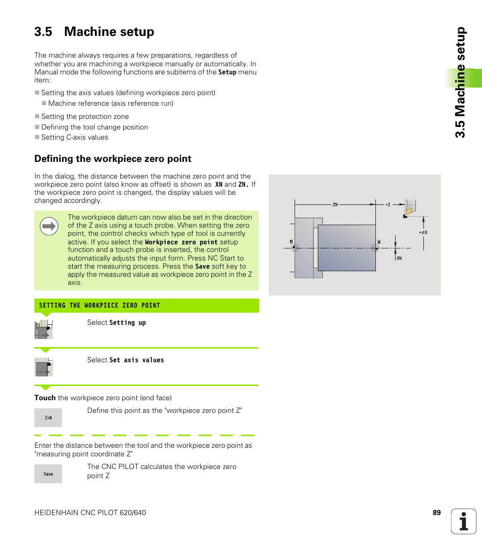 5 machine setup, Defining the workpiece zero point, 5 mac h ine set u p 3.5 machine setup | HEIDENHAIN SW 688945-03 User Manual | Page 89 / 599