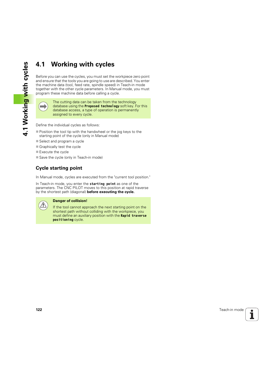 1 working with cycles, Cycle starting point, 1 w o rk ing with cy cles 4.1 working with cycles | HEIDENHAIN SW 68894x-02 User Manual | Page 122 / 619