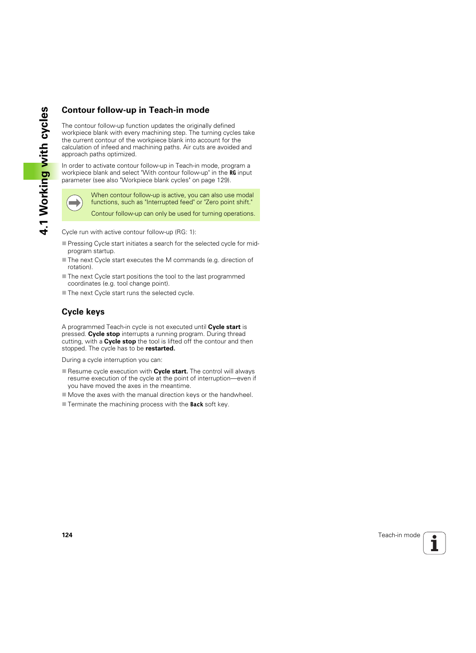 Contour follow-up in teach-in mode, Cycle keys, Contour follow-up in teach-in mode cycle keys | 1 w o rk ing with cy cles | HEIDENHAIN SW 68894x-02 User Manual | Page 124 / 619