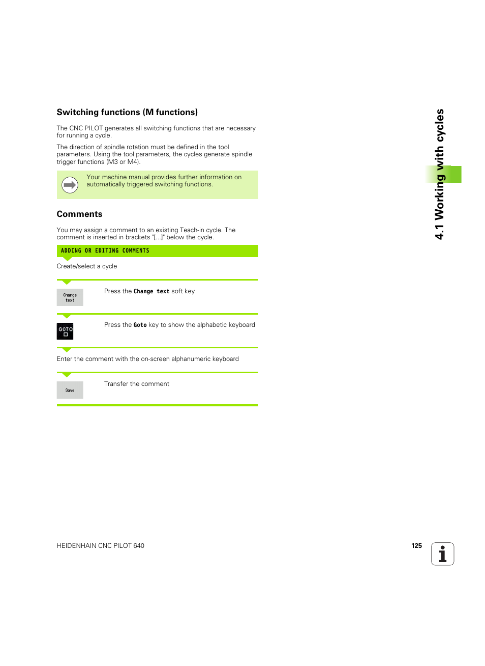 Switching functions (m functions), Comments, Switching functions (m functions) comments | 1 w o rk ing with cy cles | HEIDENHAIN SW 68894x-02 User Manual | Page 125 / 619