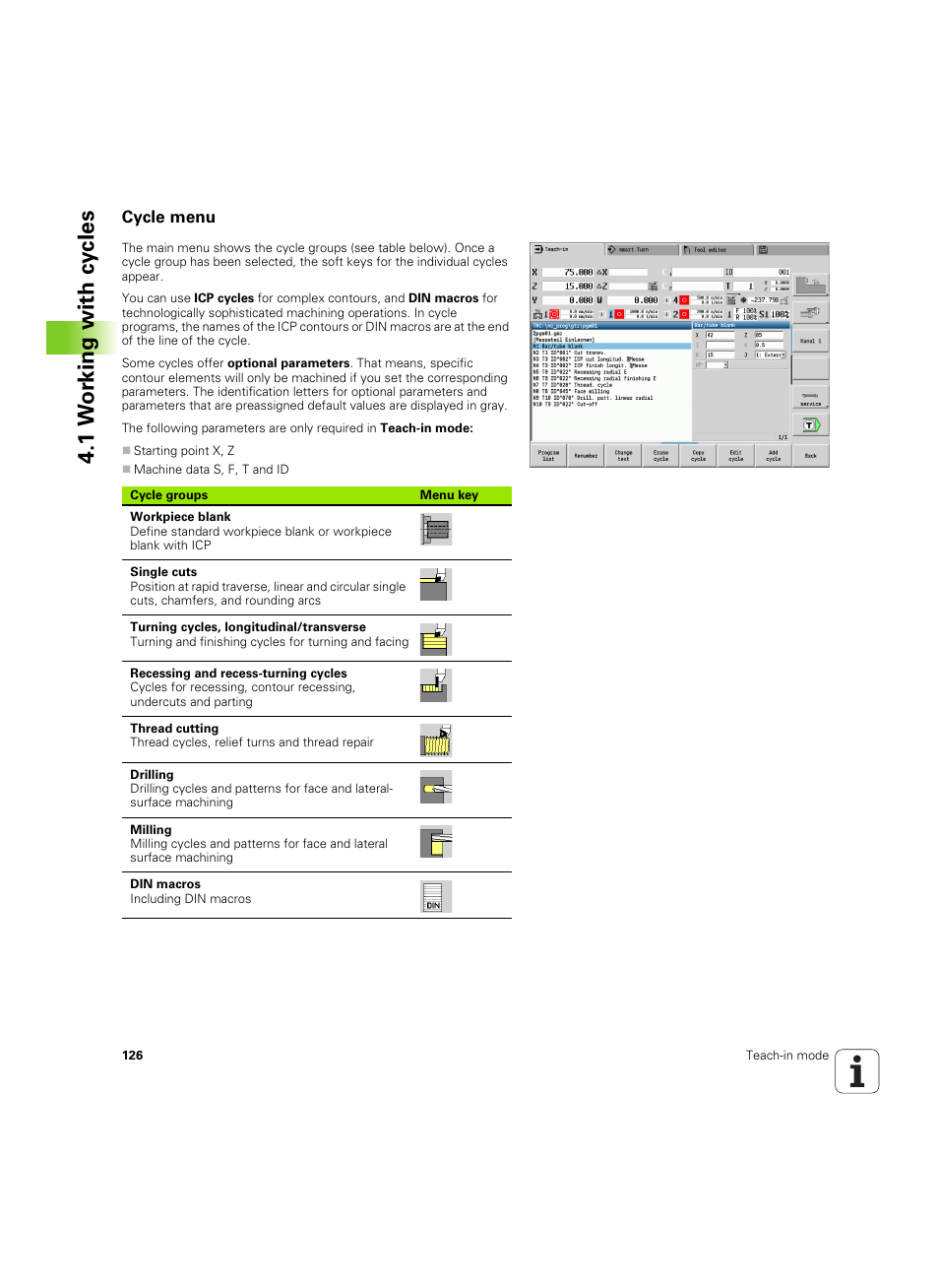 Cycle menu, 1 w o rk ing with cy cles | HEIDENHAIN SW 68894x-02 User Manual | Page 126 / 619
