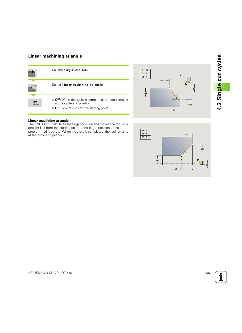 Linear machining at angle, 3 single cut cy cles | HEIDENHAIN SW 68894x-02 User Manual | Page 137 / 619
