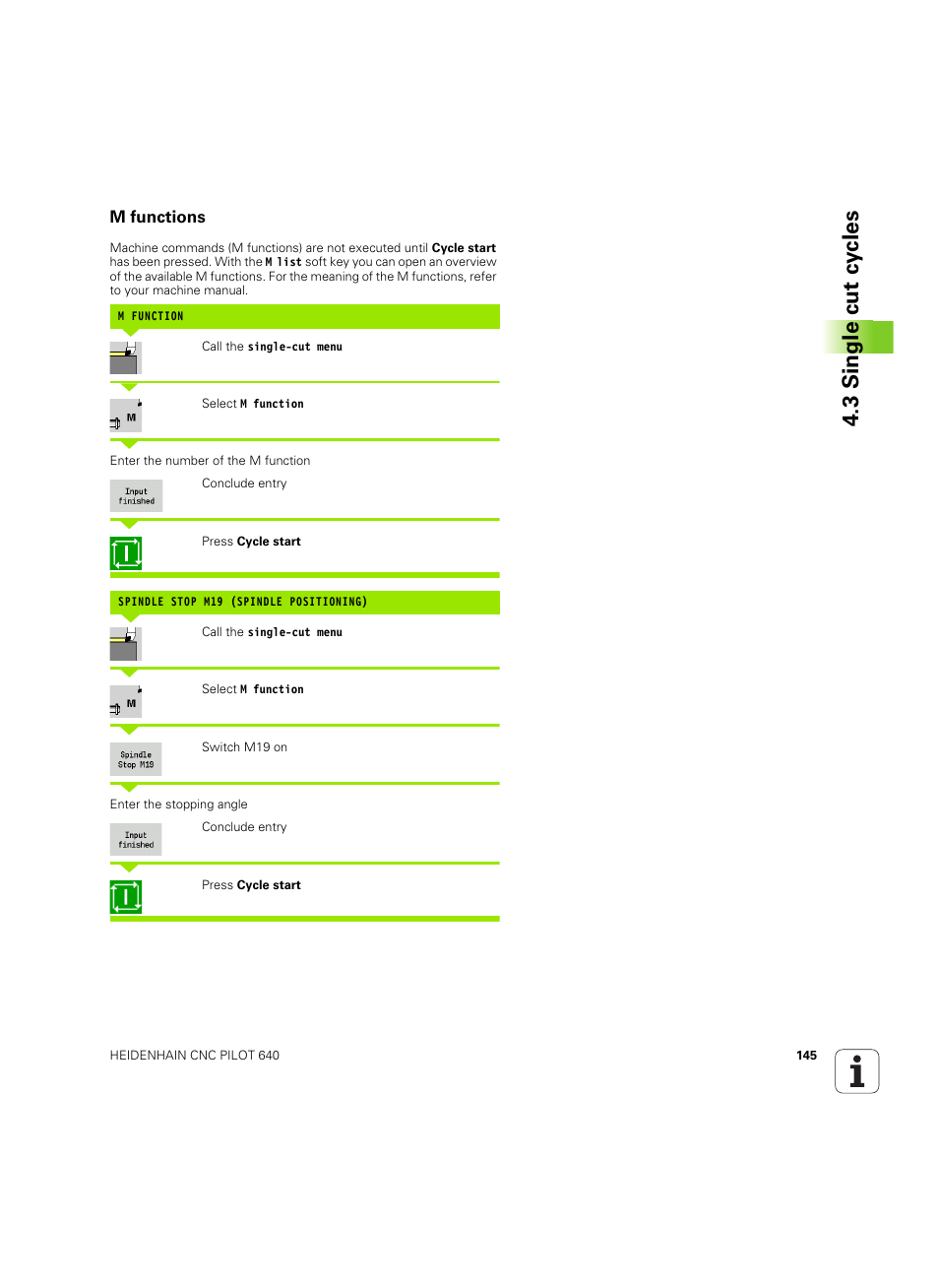 M functions, 3 single cut cy cles | HEIDENHAIN SW 68894x-02 User Manual | Page 145 / 619
