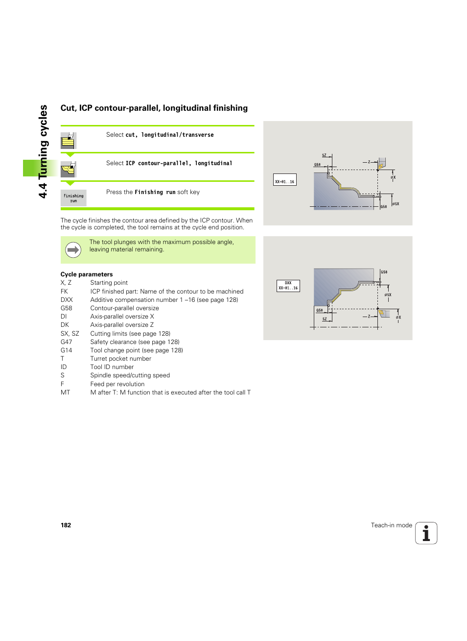 Cut, icp contour-parallel, longitudinal finishing, 4 tu rn ing cy cles | HEIDENHAIN SW 68894x-02 User Manual | Page 182 / 619