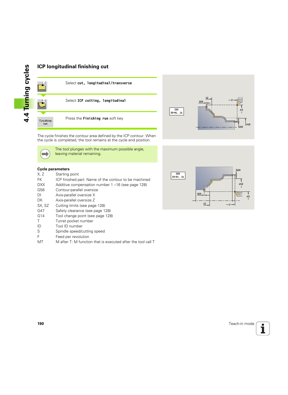Icp longitudinal finishing cut, 4 tu rn ing cy cles | HEIDENHAIN SW 68894x-02 User Manual | Page 190 / 619