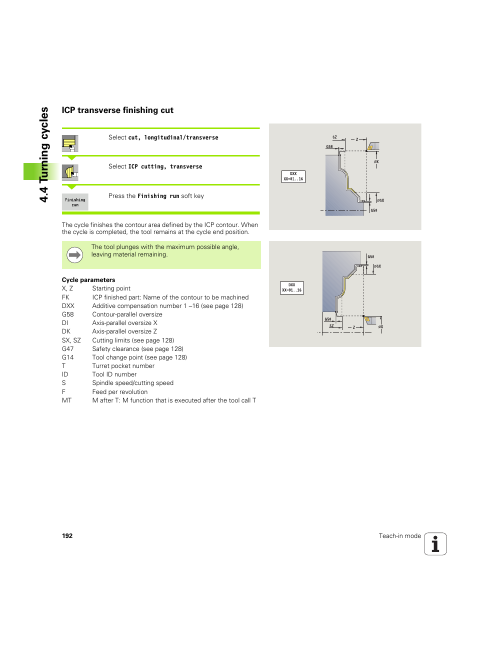 Icp transverse finishing cut, 4 tu rn ing cy cles | HEIDENHAIN SW 68894x-02 User Manual | Page 192 / 619