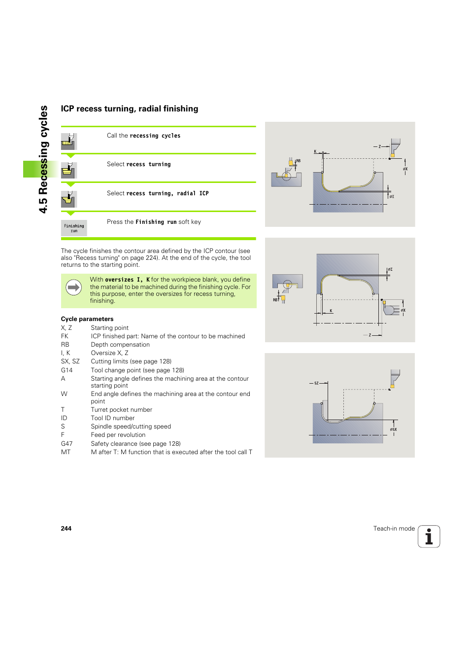 Icp recess turning, radial finishing, See also "icp recess turning, radial finishing" on, 5 recessing cy cles | HEIDENHAIN SW 68894x-02 User Manual | Page 244 / 619