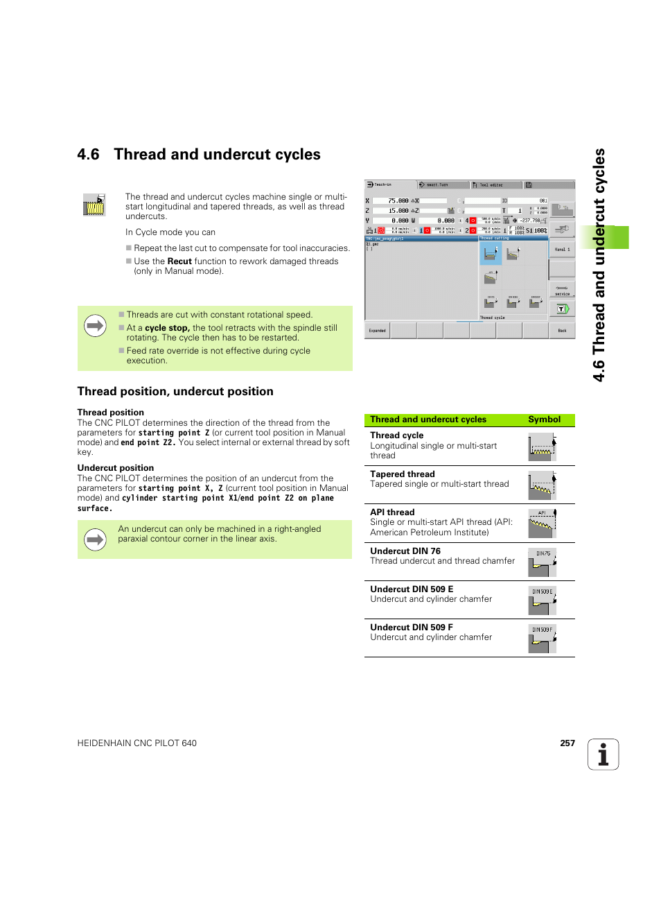 6 thread and undercut cycles, Thread position, undercut position | HEIDENHAIN SW 68894x-02 User Manual | Page 257 / 619