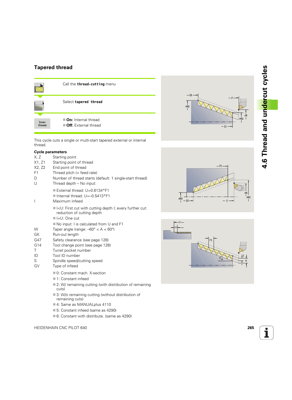 Tapered thread, 6 thr ead and under cut cy cles | HEIDENHAIN SW 68894x-02 User Manual | Page 265 / 619