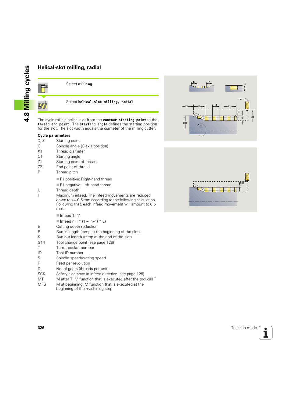 Helical-slot milling, radial, 8 milling cy cles | HEIDENHAIN SW 68894x-02 User Manual | Page 326 / 619