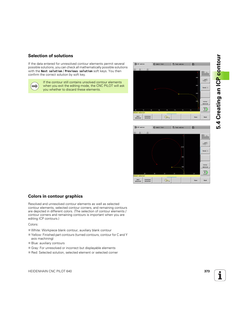 Selection of solutions, Colors in contour graphics, Selection of solutions colors in contour graphics | 4 cr eating an icp cont our | HEIDENHAIN SW 68894x-02 User Manual | Page 373 / 619