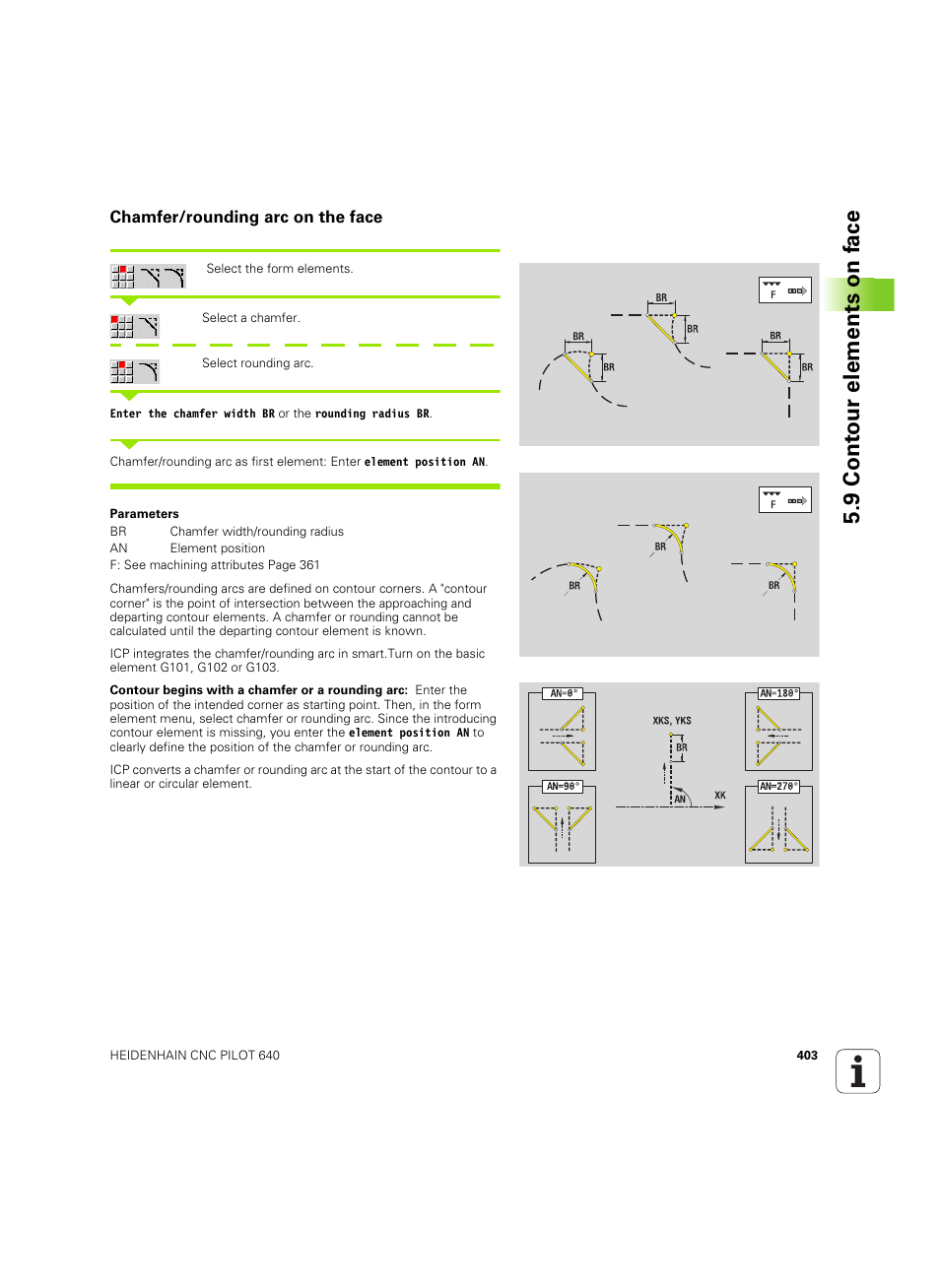 Chamfer/rounding arc on the face, 9 cont our elements on fa ce | HEIDENHAIN SW 68894x-02 User Manual | Page 403 / 619