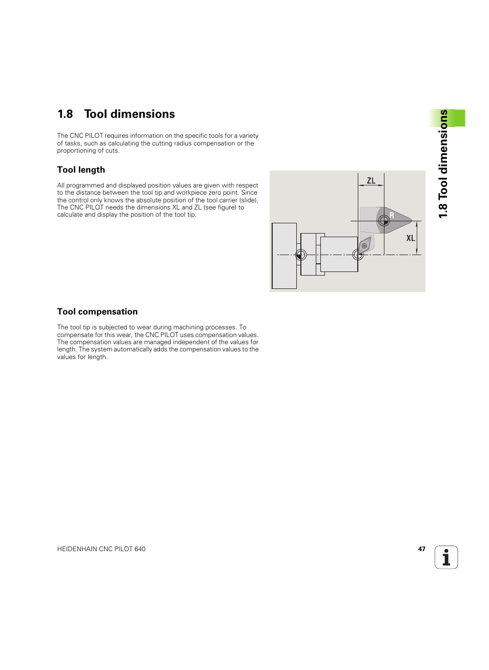 8 tool dimensions, Tool length, Tool compensation | Tool length tool compensation, 8 tool dimensions 1.8 tool dimensions | HEIDENHAIN SW 68894x-02 User Manual | Page 47 / 619