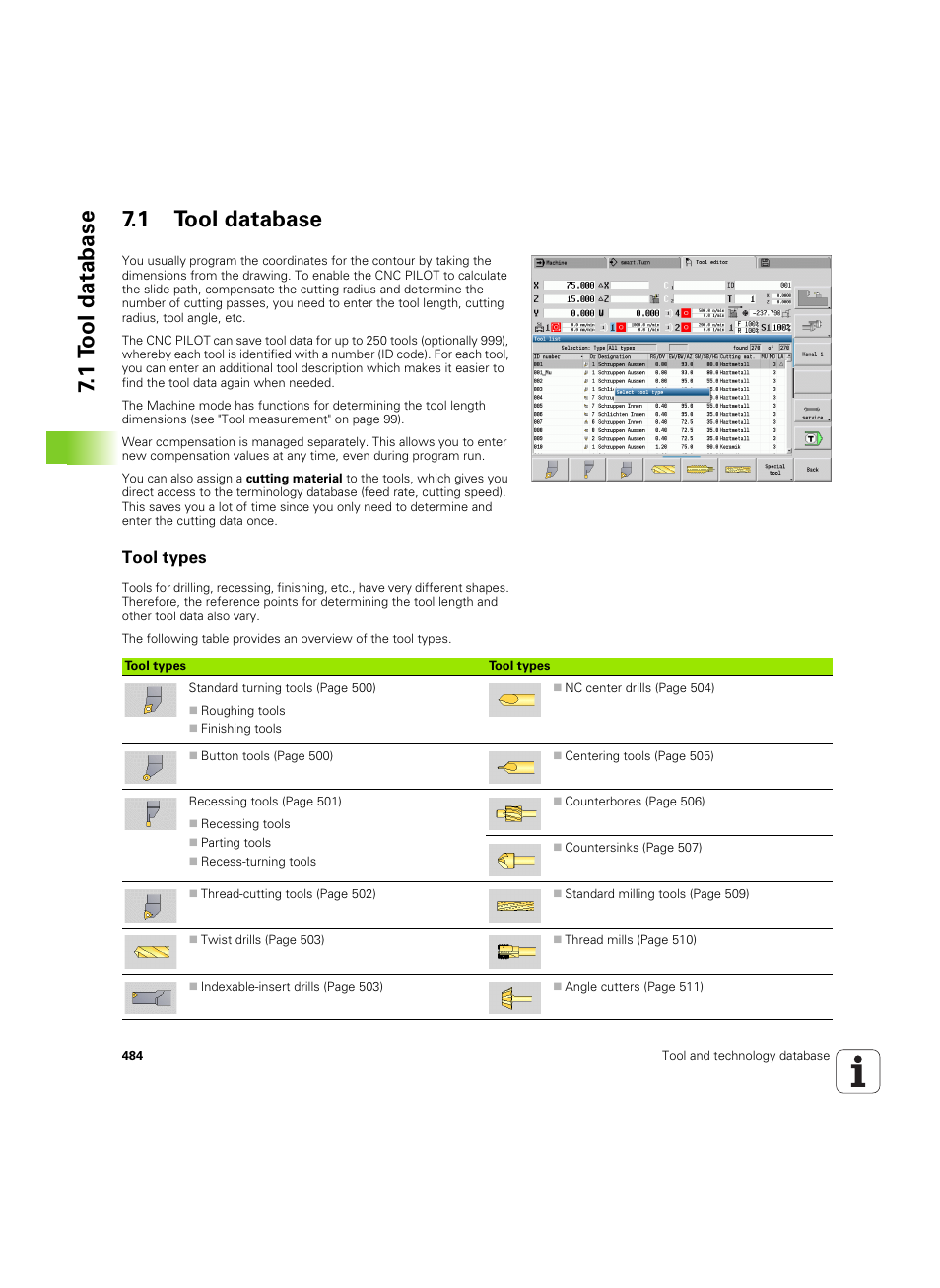 1 tool database, Tool types, 1 to ol database 7.1 tool database | HEIDENHAIN SW 68894x-02 User Manual | Page 484 / 619