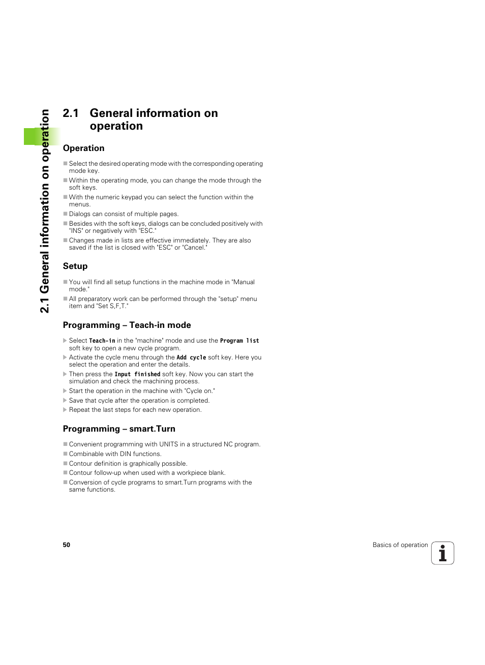 1 general information on operation, Operation, Setup | Programming – teach-in mode, Programming – smart.turn | HEIDENHAIN SW 68894x-02 User Manual | Page 50 / 619