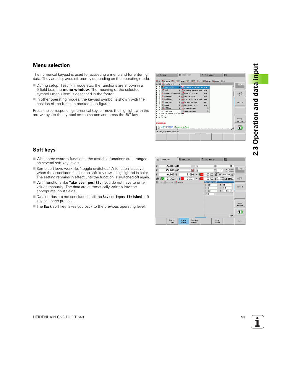 Menu selection, Soft keys, Menu selection soft keys | 3 oper ation and data input | HEIDENHAIN SW 68894x-02 User Manual | Page 53 / 619