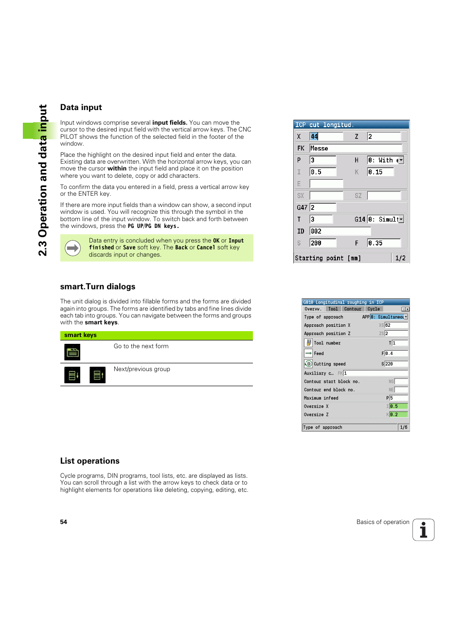 Data input, Smart.turn dialogs, List operations | Data input smart.turn dialogs list operations, 3 oper ation and data input | HEIDENHAIN SW 68894x-02 User Manual | Page 54 / 619