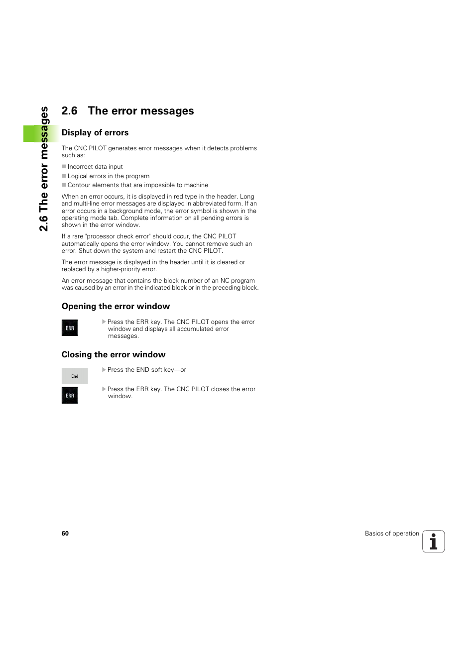 6 the error messages, Display of errors, Opening the error window | Closing the error window, 6 the er ro r messag es 2.6 the error messages | HEIDENHAIN SW 68894x-02 User Manual | Page 60 / 619