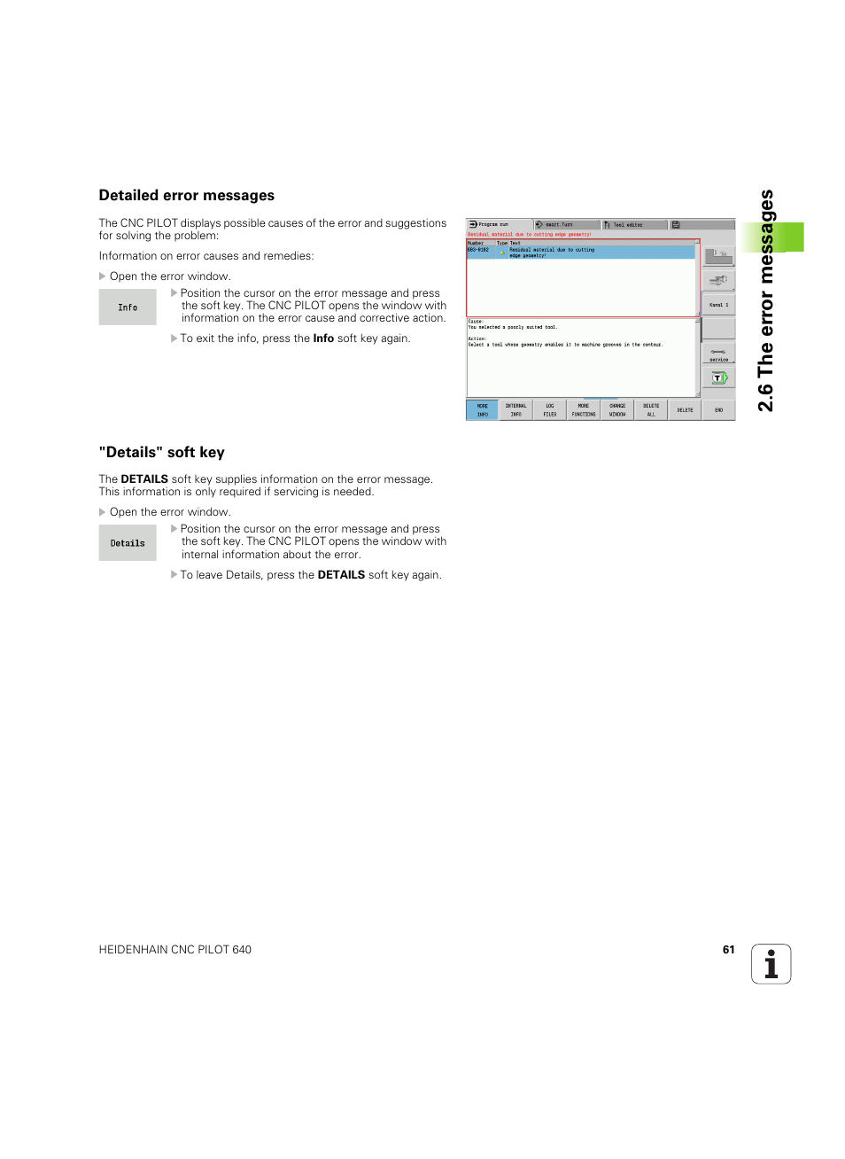 Detailed error messages, Details" soft key, Detailed error messages "details" soft key | 6 the er ro r messag es | HEIDENHAIN SW 68894x-02 User Manual | Page 61 / 619