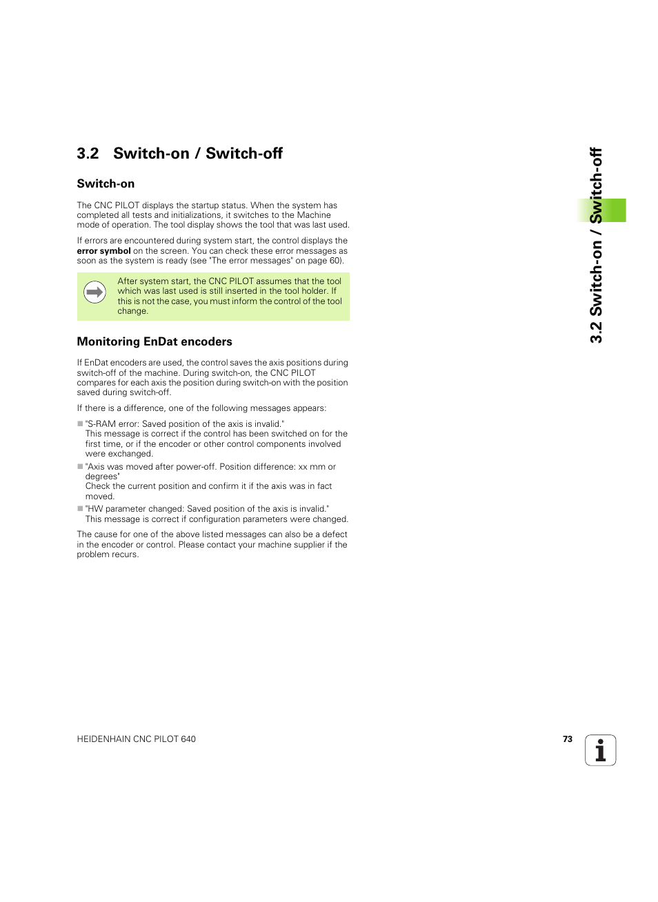 2 switch-on / switch-off, Switch-on, Monitoring endat encoders | Switch-on monitoring endat encoders | HEIDENHAIN SW 68894x-02 User Manual | Page 73 / 619