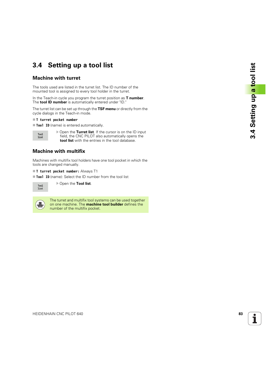 4 setting up a tool list, Machine with turret, Machine with multifix | Machine with turret machine with multifix, St: see "setting up a tool | HEIDENHAIN SW 68894x-02 User Manual | Page 83 / 619