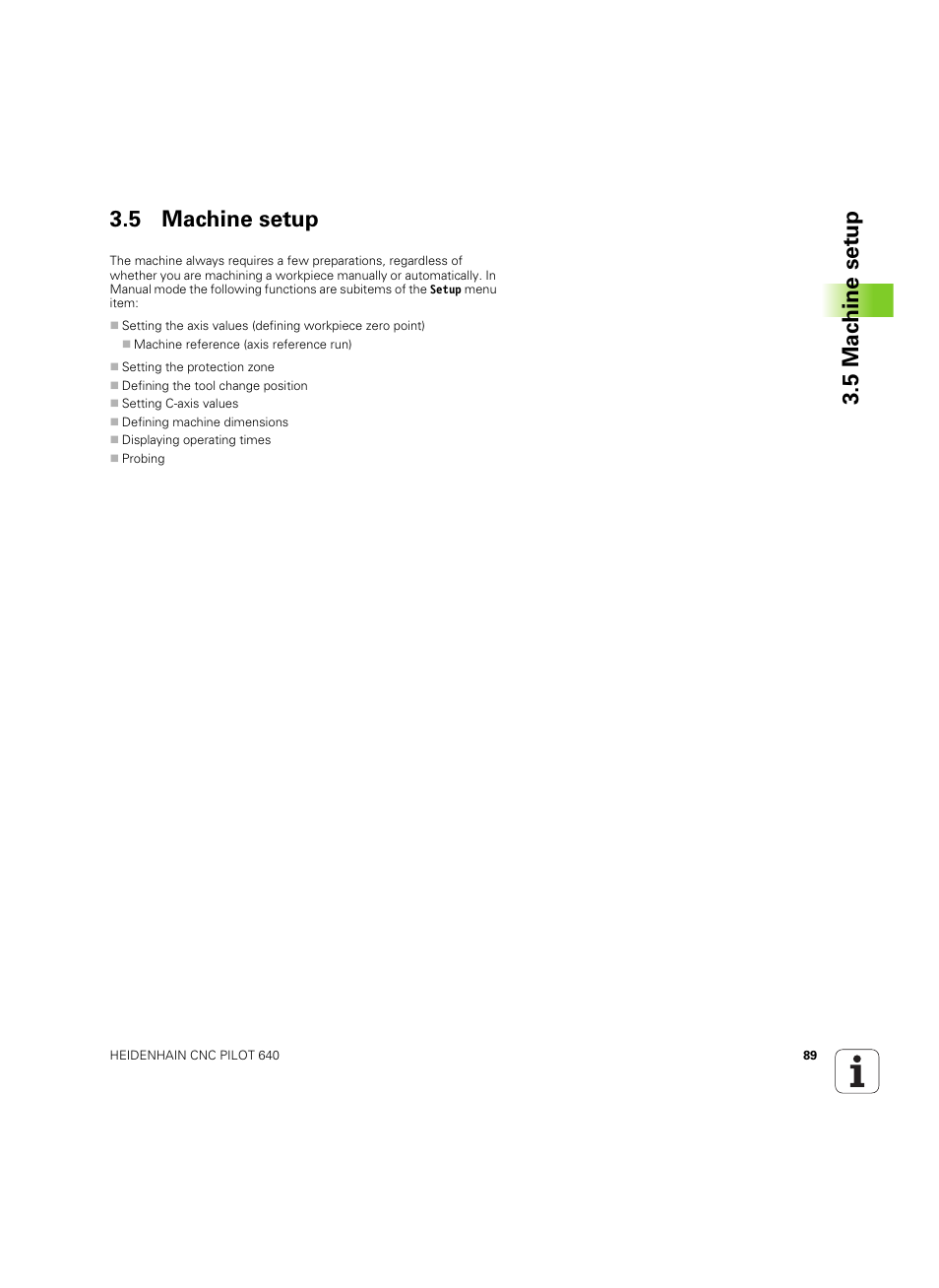 5 machine setup, 5 mac h ine set u p 3.5 machine setup | HEIDENHAIN SW 68894x-02 User Manual | Page 89 / 619