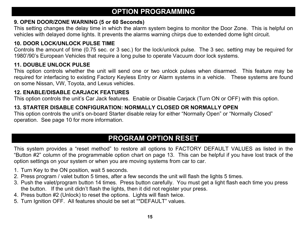 Door lock/unlock pulse time, Double unlock pulse, Enable/disable carjack features | Option programming, Program option reset | Crimestopper Security Products CS-2004DC User Manual | Page 15 / 24