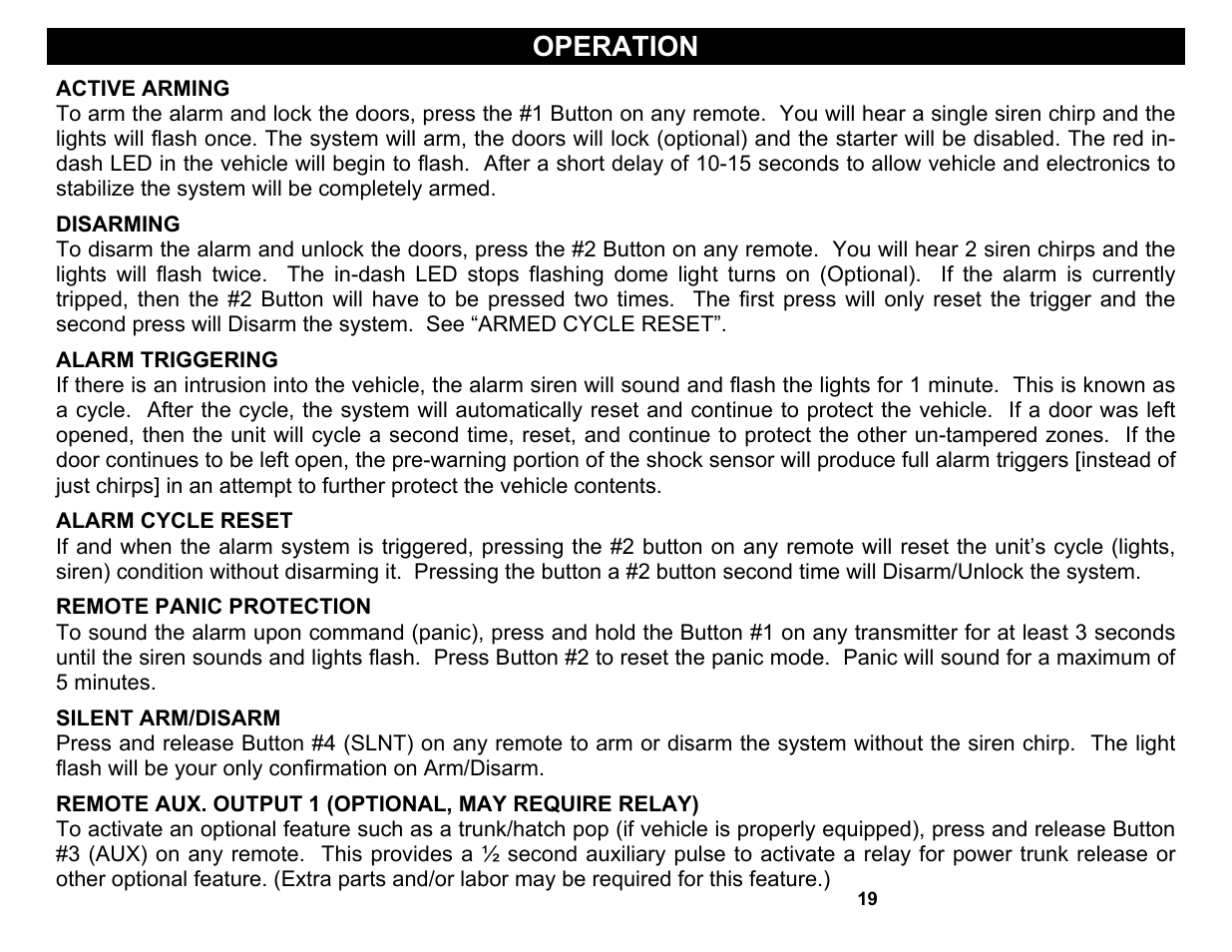 Active arming, Disarming, Alarm cycle reset | Remote panic protection, Silent arm/disarm, Operation | Crimestopper Security Products CS-2004DC User Manual | Page 19 / 24
