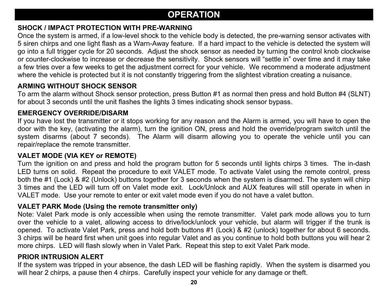 Arming without shock sensor, Prior intrusion alert, Operation | Crimestopper Security Products CS-2004DC User Manual | Page 20 / 24